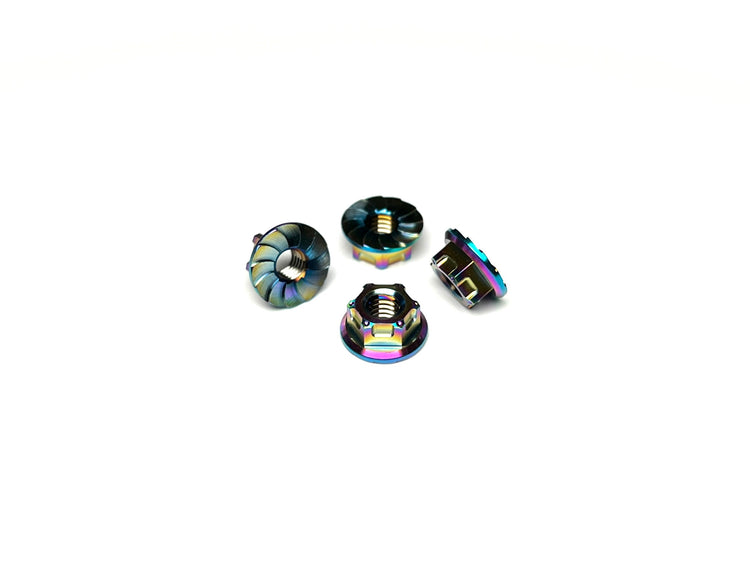 Sortafast titanium nuts - Hexcix wheelnuts in Oil Slick finish shown on a white background