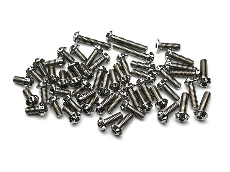 Various Sortafast titanium hardware shown on a white background