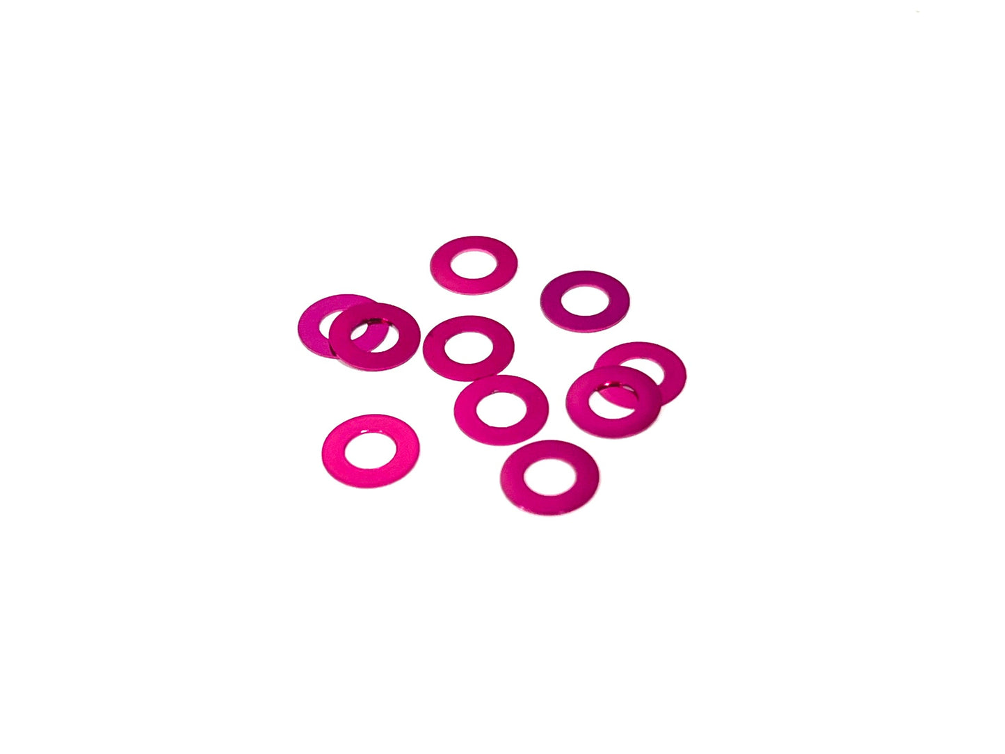 Sortafast 3 × 6 × 0.25 mm aluminum shims in hot pink anodized finish, 10-piece pack.