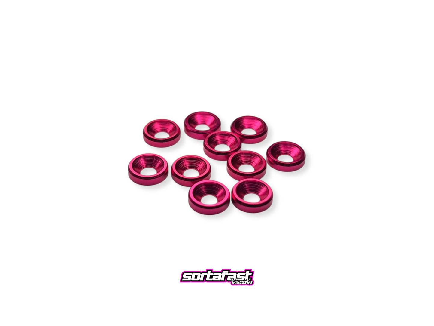 Sortafast aluminum countersink washers - 10 pcs, M3 size, bright pink finish. Shown on a white background.