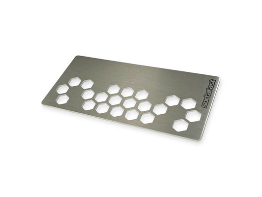 Sortafast Stainless Steel Hexcix Alternate Offset Battery Weight Plate – fits 1S/2S shorty packs, 21g or 29g, 45x92mm. Shown on white background.