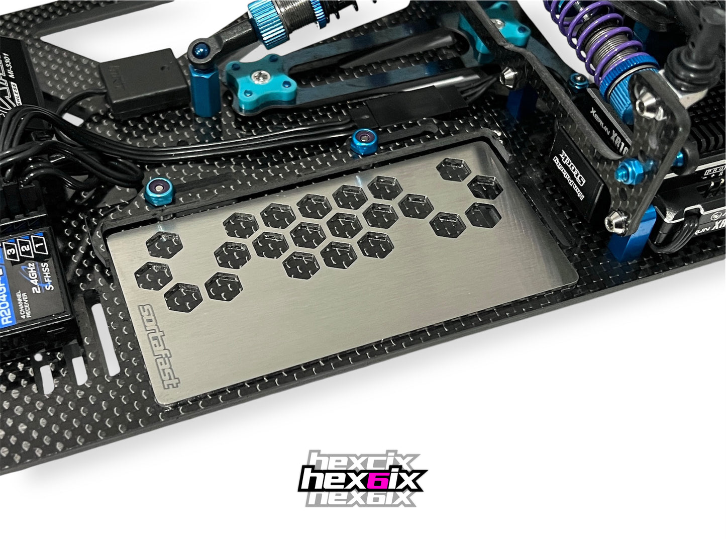 Sortafast Stainless Steel Hexcix Alternate Offset Battery Weight Plate – fits 1S/2S shorty packs, 21g or 29g, 45x92mm. Shown installed in RC car chassis.
