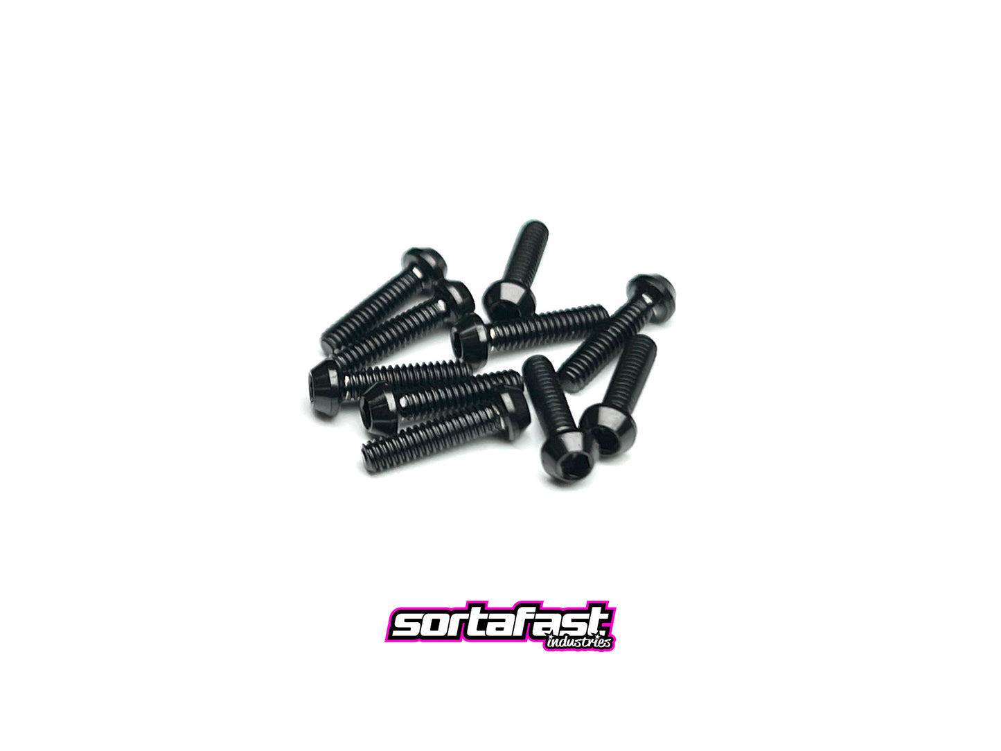 Sortafast M2 titanium button head screws in stealth black finish, 10-pack, precision-machined for RC racing and high-performance builds.