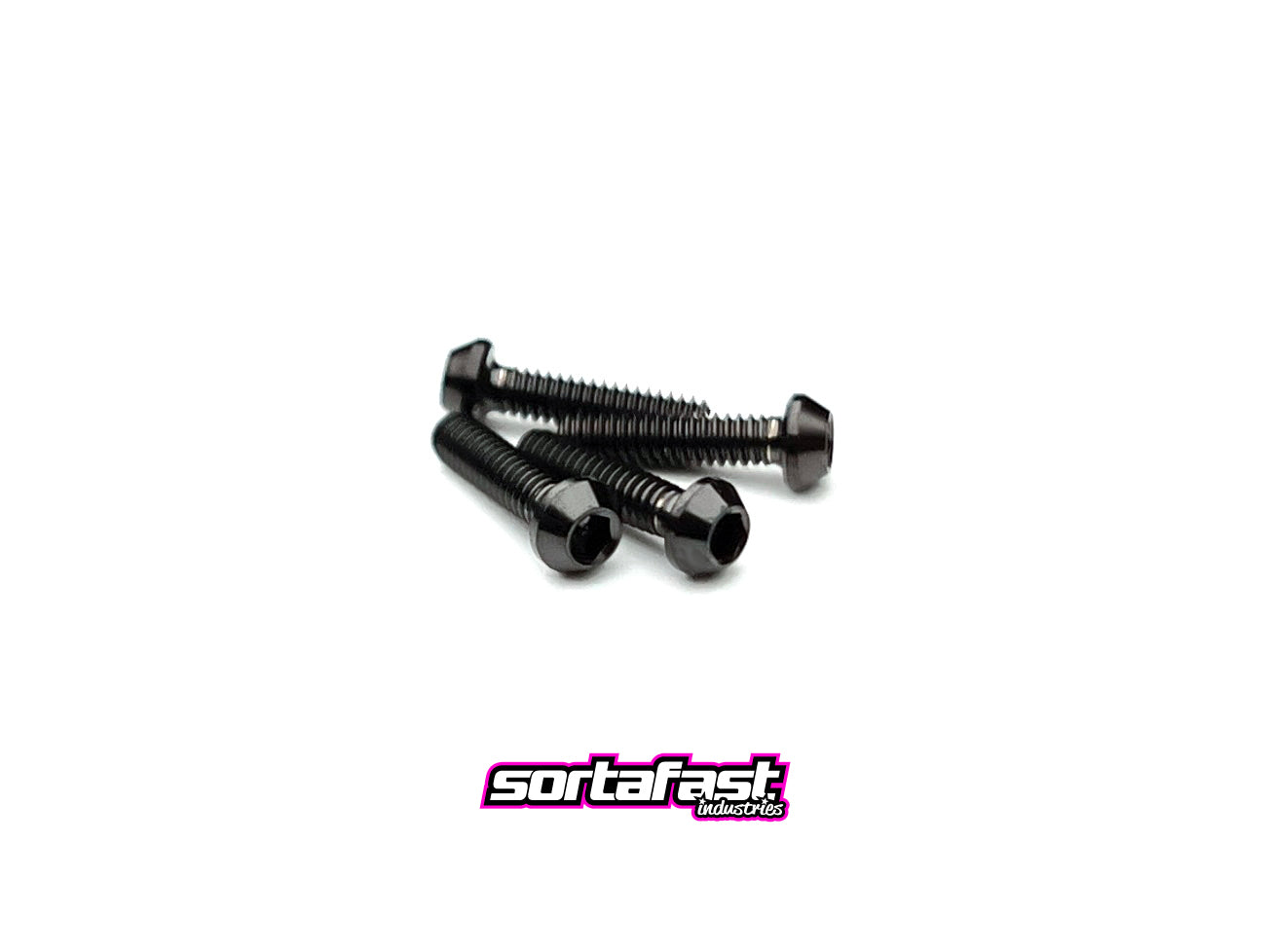 Sortafast M2 titanium button head screws in stealth black finish, 4-pack, precision-machined for RC racing and high-performance builds.