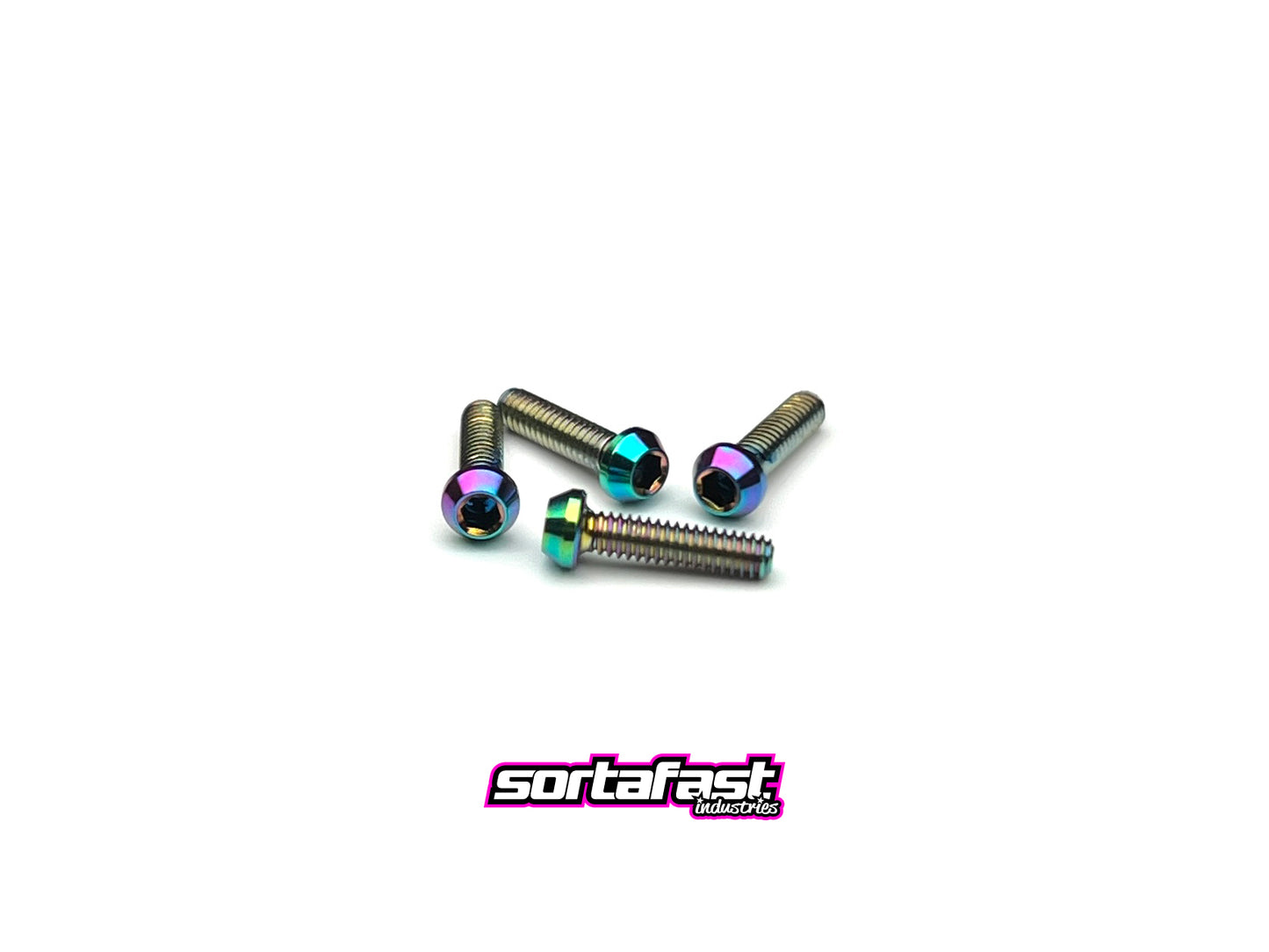 Sortafast M2 oil slick titanium button head screws – 4pk Grade 5 (6Al-4V) with tapered head design and polished oil slick finish for RC cars.