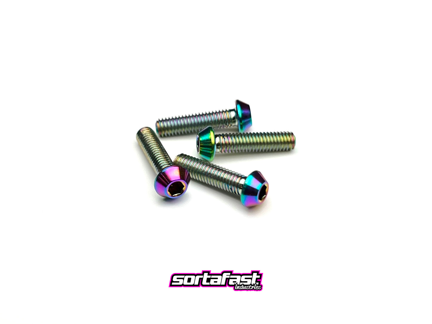 Sortafast M3 titanium button head screws (oil slick finish, 4pc) displayed on a clean white background.