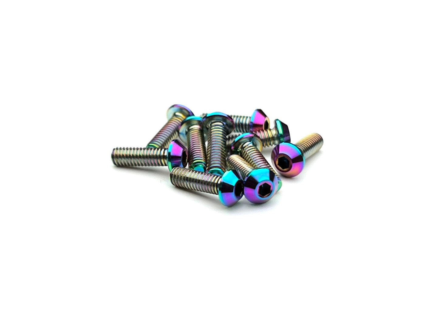 Sortafast M2.5 button head screws. Grade 5 titanium in a oil slick finish. 10pcs shown