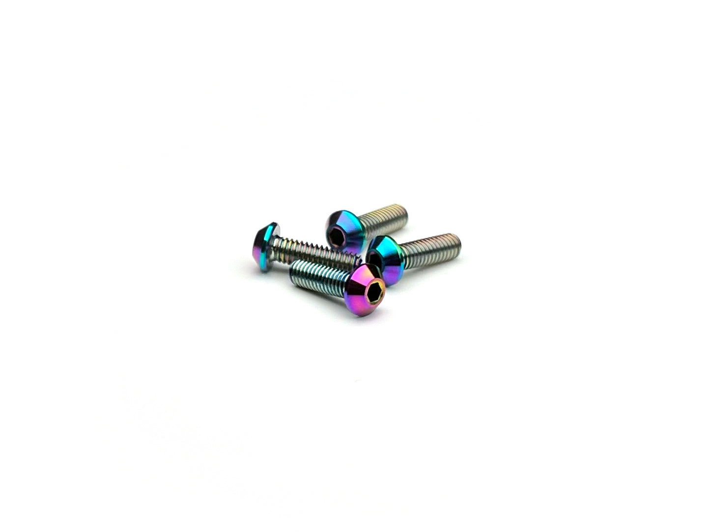 Sortafast M2.5 titanium button head screws – 4-pack Grade 5 precision hardware with oil slick finish, featuring a unique tapered head design for strength, style, and race-ready performance.