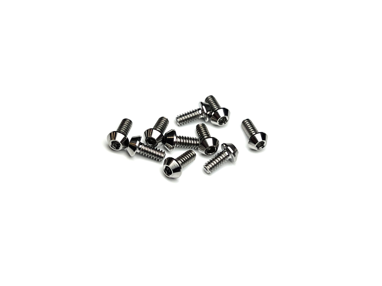 Sortafast 4-40 titanium button head screws – natural finish, set of ten on white background