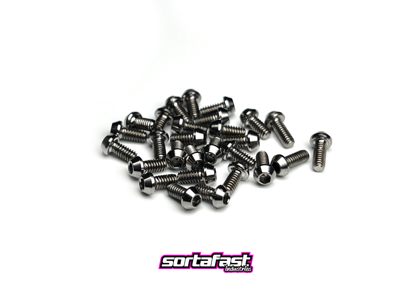 28-piece Sortafast titanium button head screw kit for RC28 Team Kit on white background with sortafast logo for branding