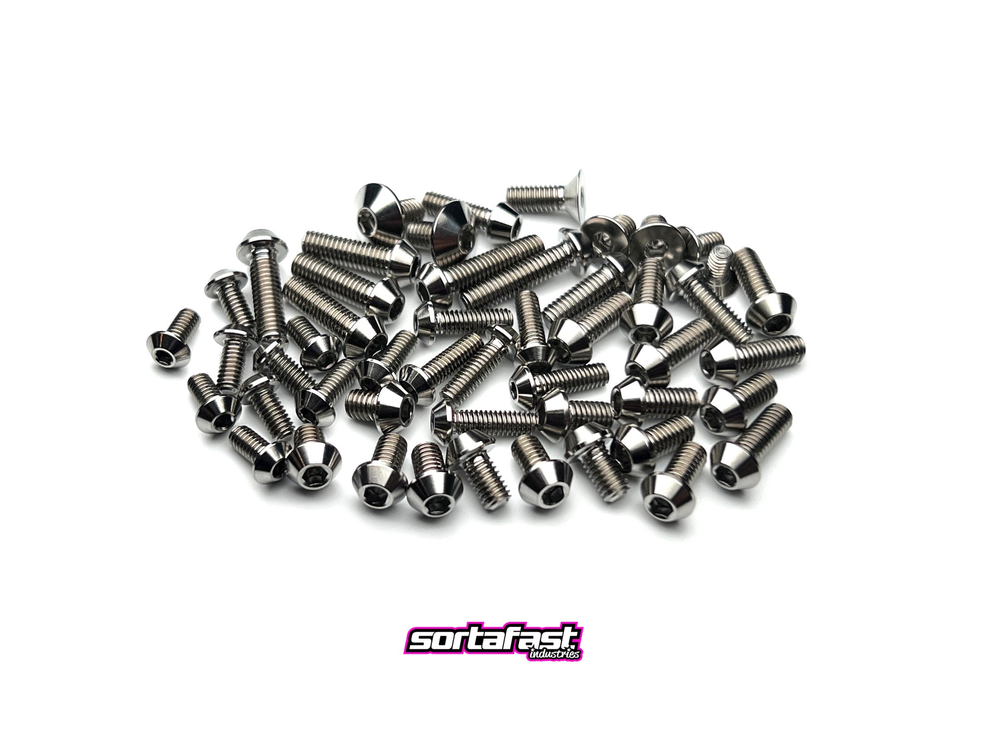 Sortafast XRAY X10 ’26 Titanium Topside Screw Kit – 49pc natural finish button head, countersunk, king, and cap screws.