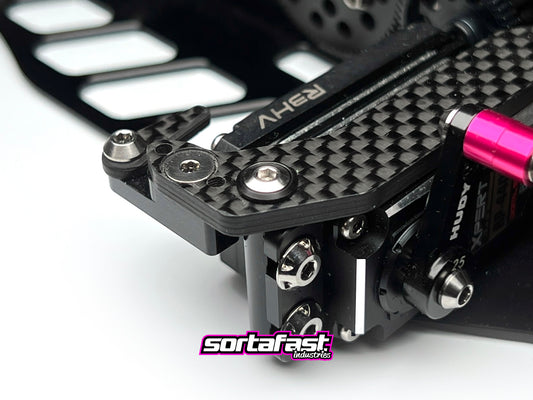 Sortafast black titanium M3 button washer shown installed on RC chassis