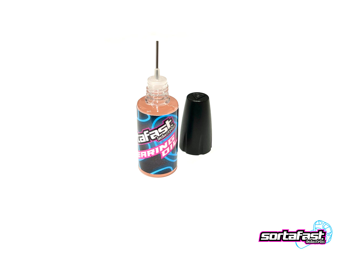 Stainless steel needle tip applicator on Sortafast Bearing Oil bottle, designed for precise lubrication.