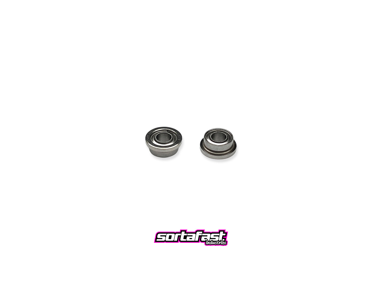 Close-up of Sortafast 3/32 flanged ceramic bearings for slot cars and RC use with sortafast logo for branding