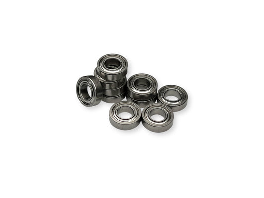 Ten-pack of Sortafast 5x10x3mm hybrid ceramic bearings shown on a white background, featuring metal shields and compact design for RC racing use.
