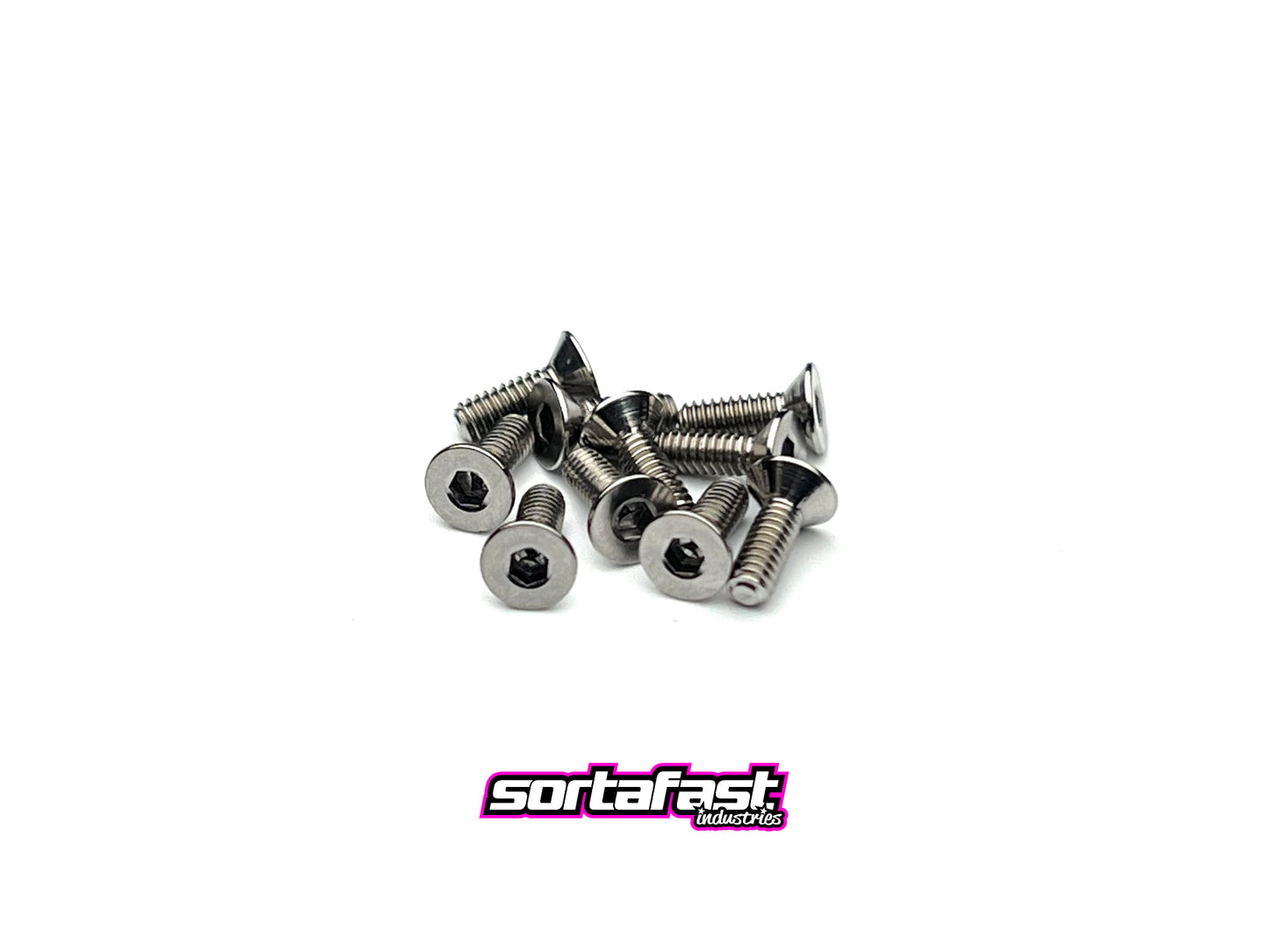 Sortafast M2 natural titanium countersunk screws – 10pk Grade 5 (6Al-4V) with 1.5 mm hex drive and flush fit design for 1/28-scale RC cars.