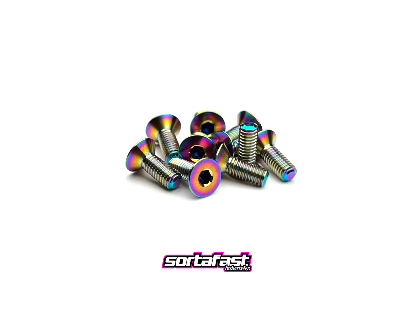 Sortafast M3 oil slick titanium countersunk screws – 10 pack Grade 5 (6Al-4V) titanium with 2 mm hex drive and flush fit design.