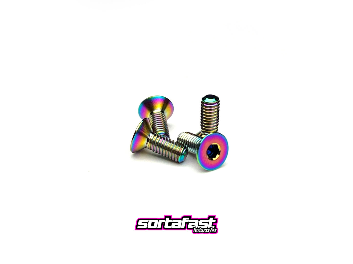 Sortafast M3 oil slick titanium countersunk screws – 4pk Grade 5 (6Al-4V) titanium with 2mm hex drive and premium flush-fit design.