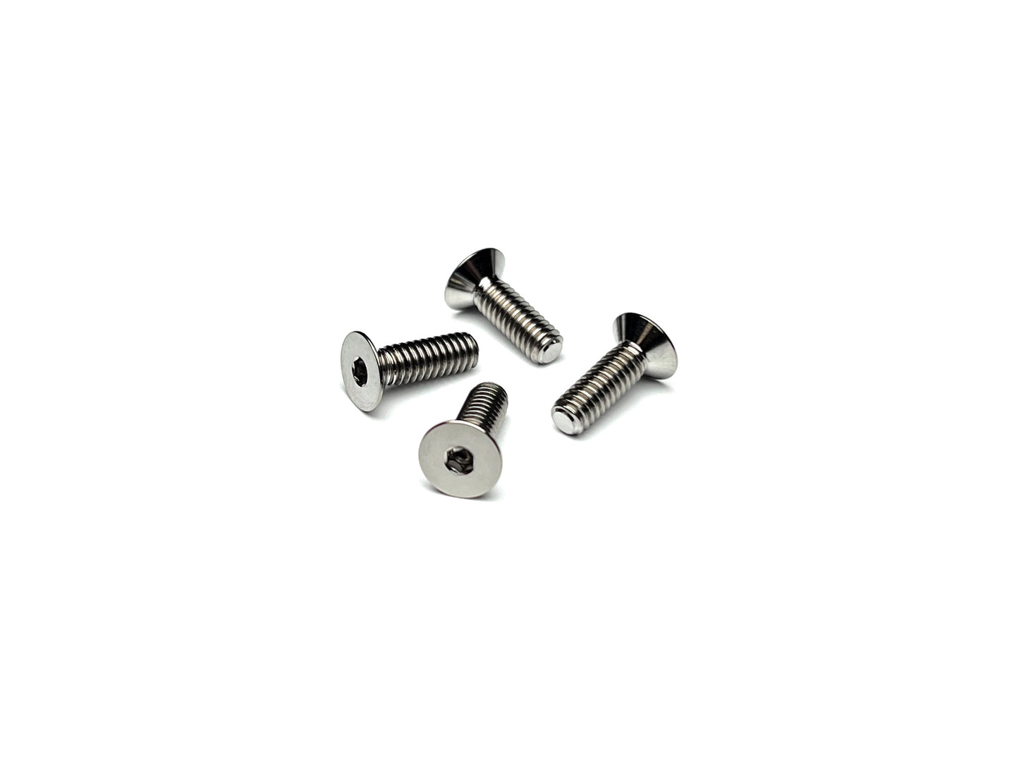 Sortafast 100° titanium countersunk screws – 8-32 thread, natural finish, set of four on white background
