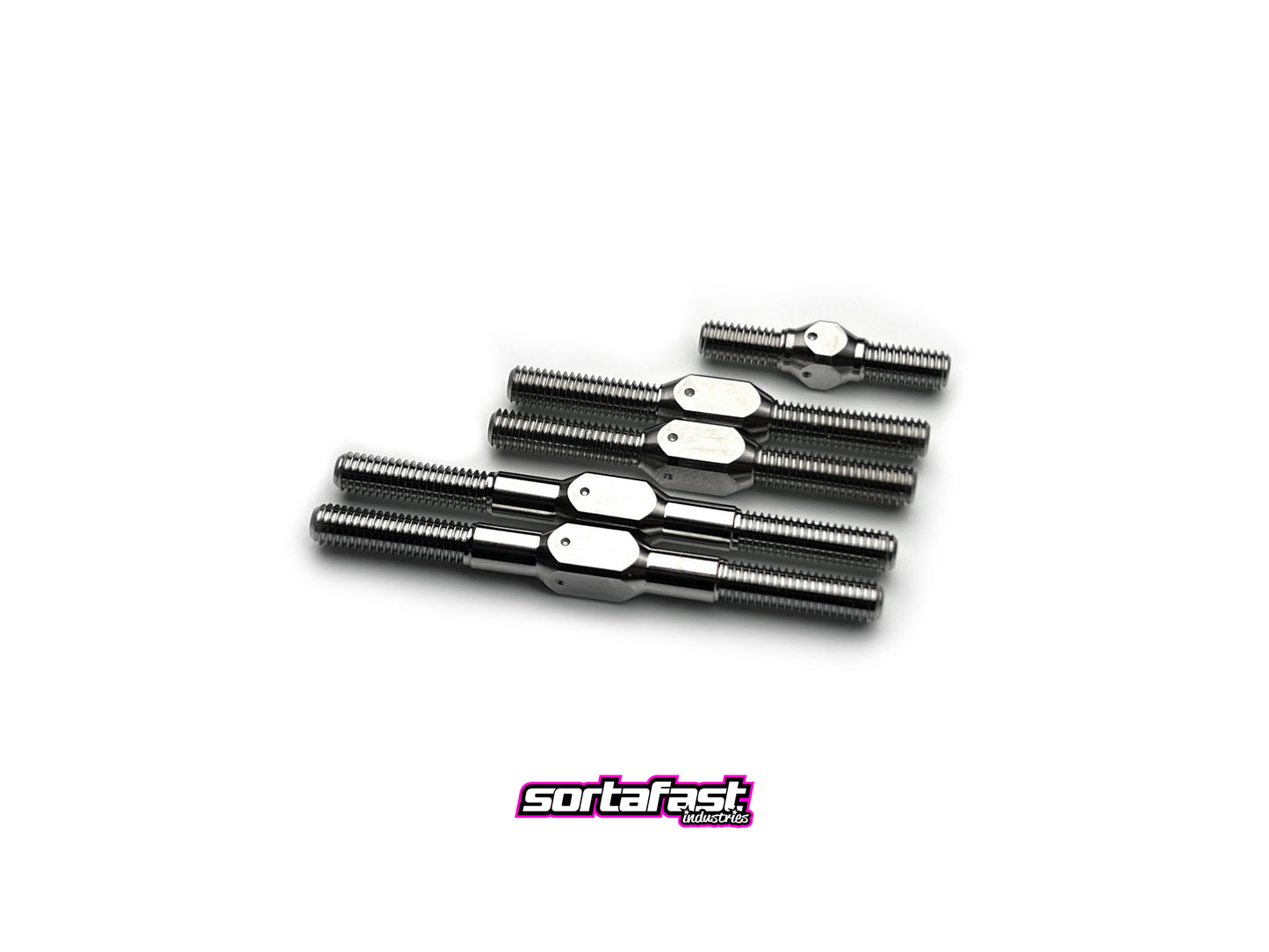 Sortafast Titanium Turnbuckle Kit for Destiny DTY-10 Touring car – five high-strength titanium turnbuckles displayed on a white background with Sortafast logo for branding.