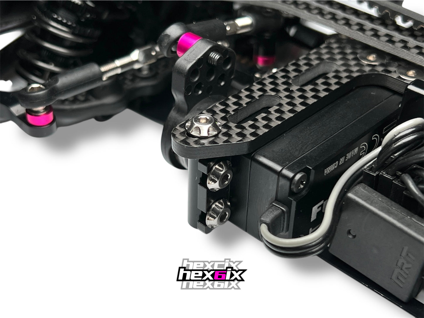 Hexcix King Head titanium screws installed as servo mounts on an RC chassis