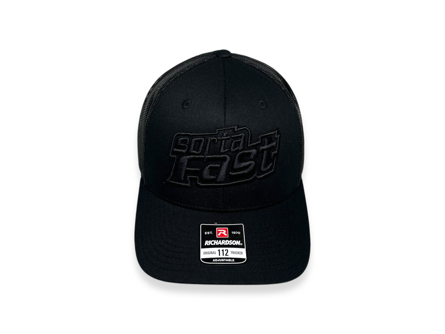 Sortafast "Jacked Up" Trucker Hat – Richardson 112 with black-on-black embroidered logo, front view on white background.