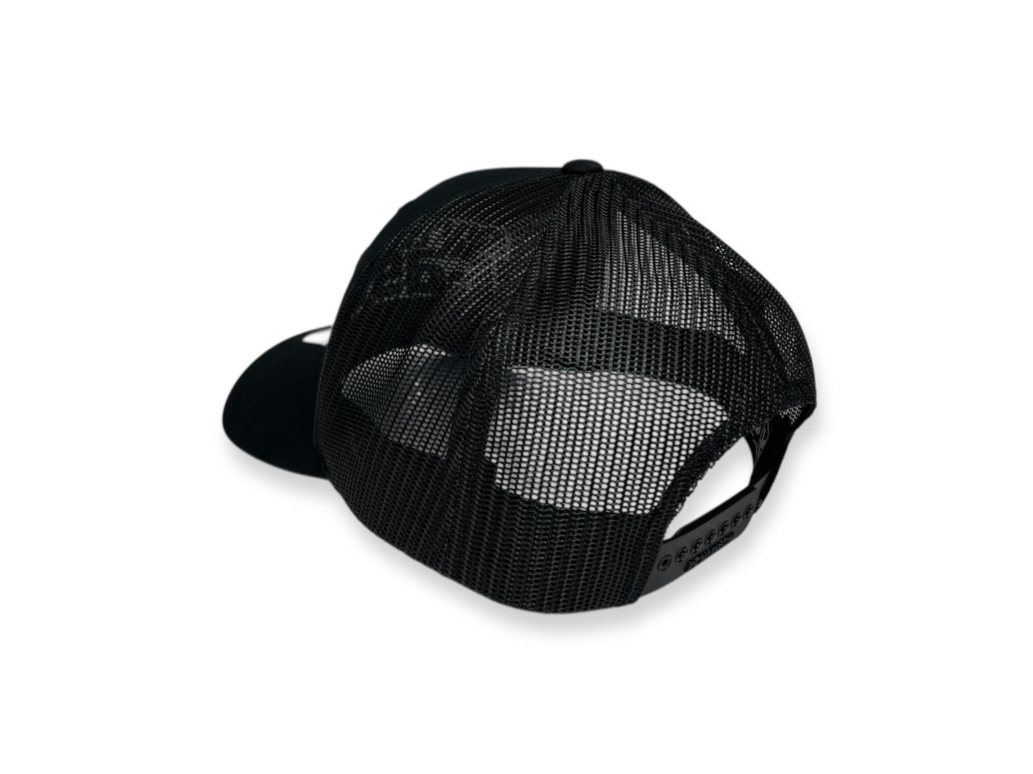 ortafast black-on-black "Jacked Up" logo trucker hat with curved bill, shown from rear side angle.