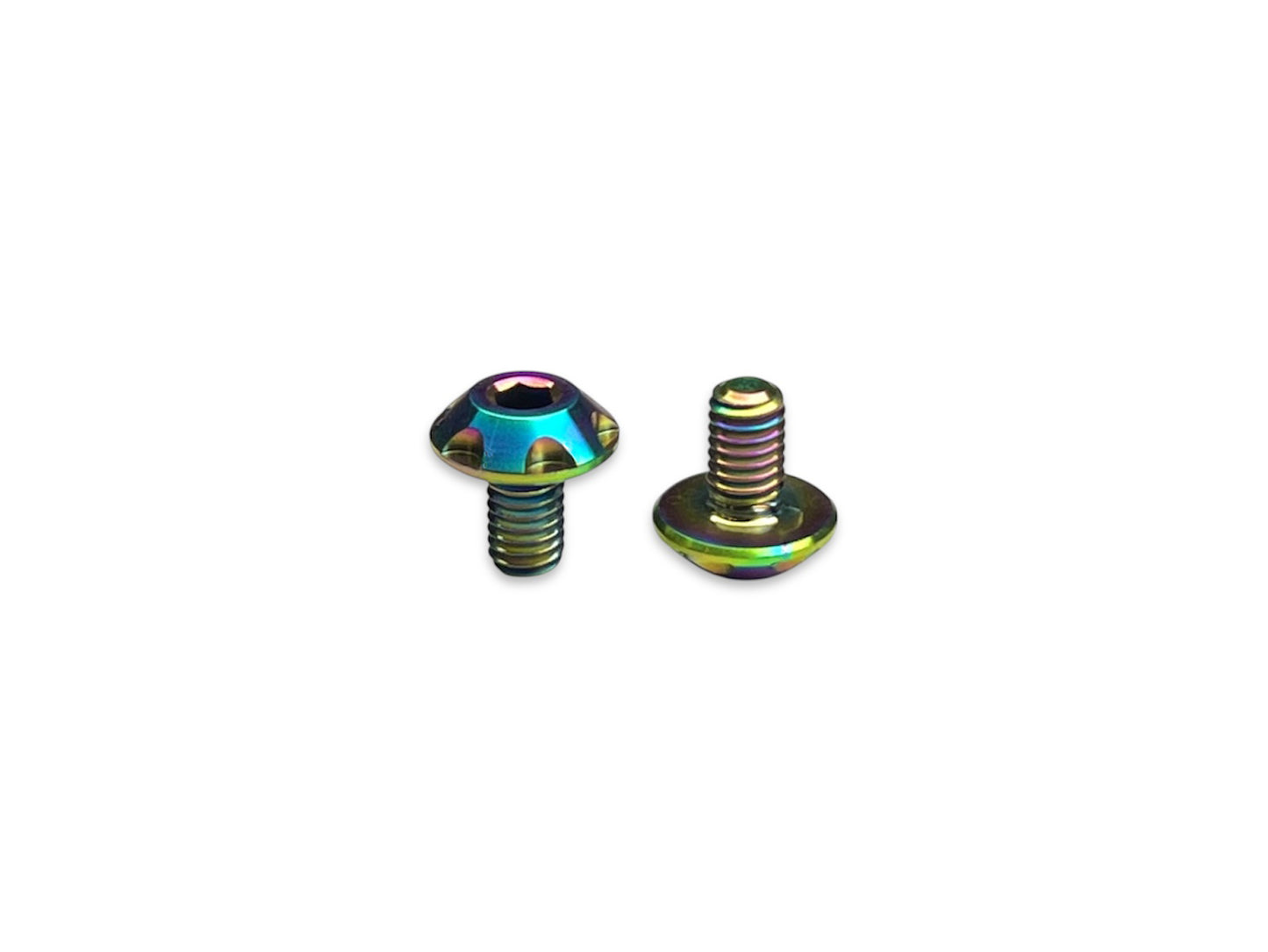 Sortafast Hexcix King Head M3 titanium screws in Oil Slick PVD finish with 7mm head, 2-pack.
