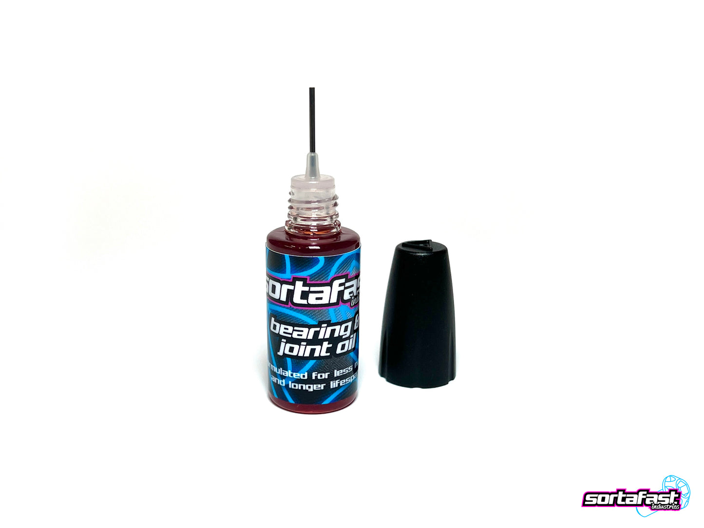 Close-up of Sortafast bearing oil bottle with stainless needle applicator