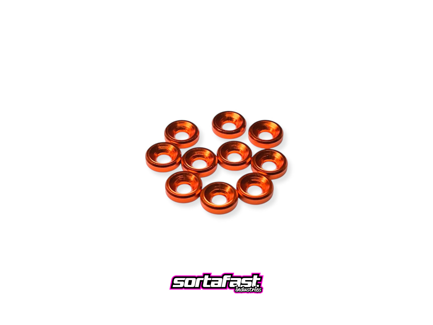 Orange aluminum M3 countersink washers on a white background with 'Sortafast' branding.