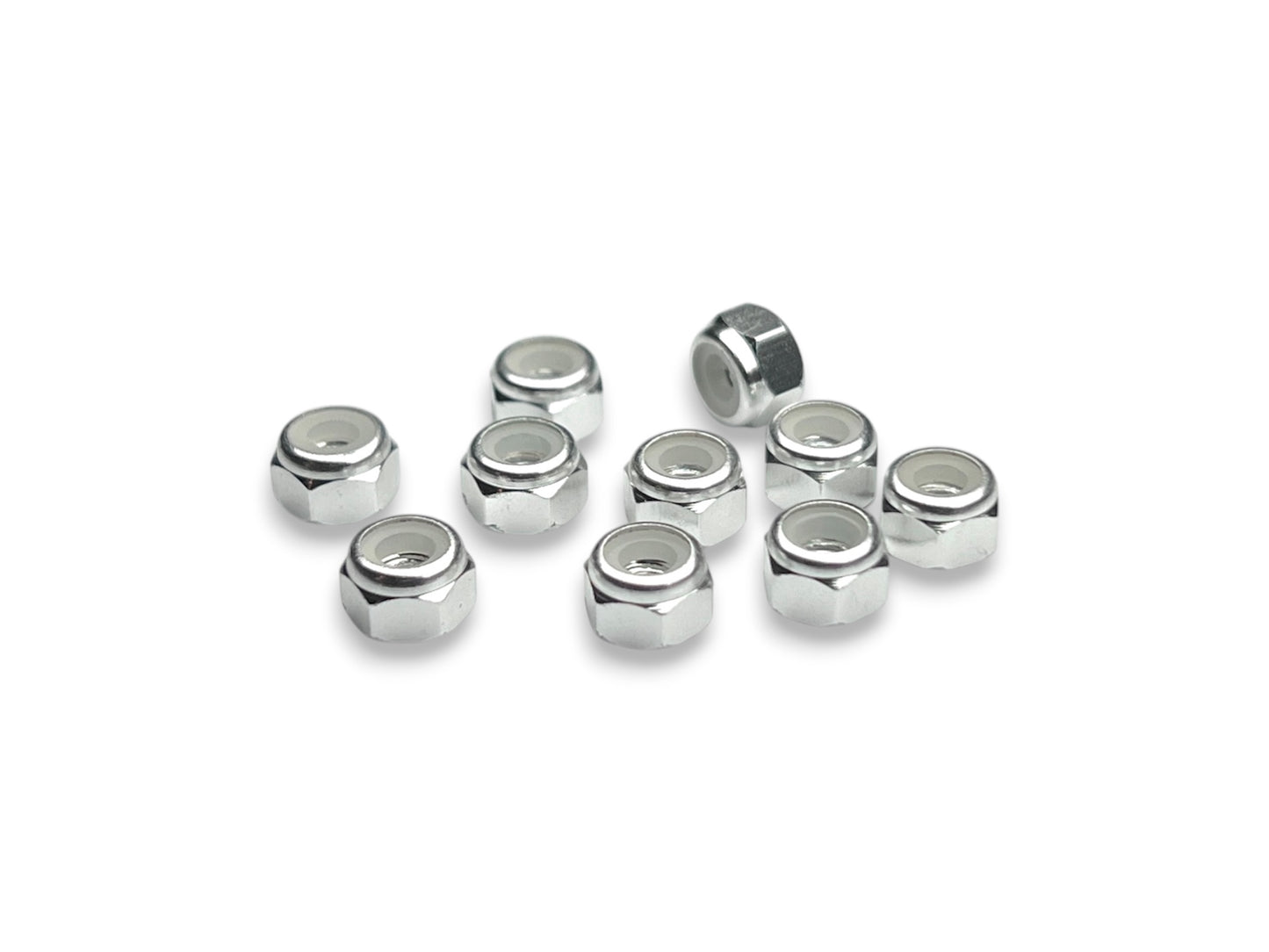 Sortafast M3 aluminum locknuts in natural clear anodized finish, 5.5mm hex, 10-piece pack.