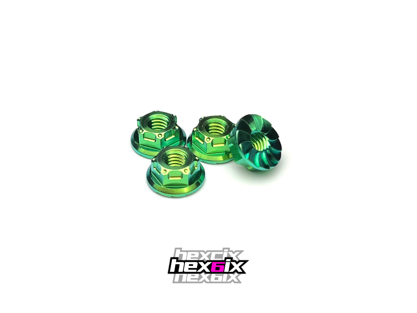 Sortafast Titanium Wheel Nuts - Hexcix M4 Flanged & Serrated - Lime/Green (4pc)