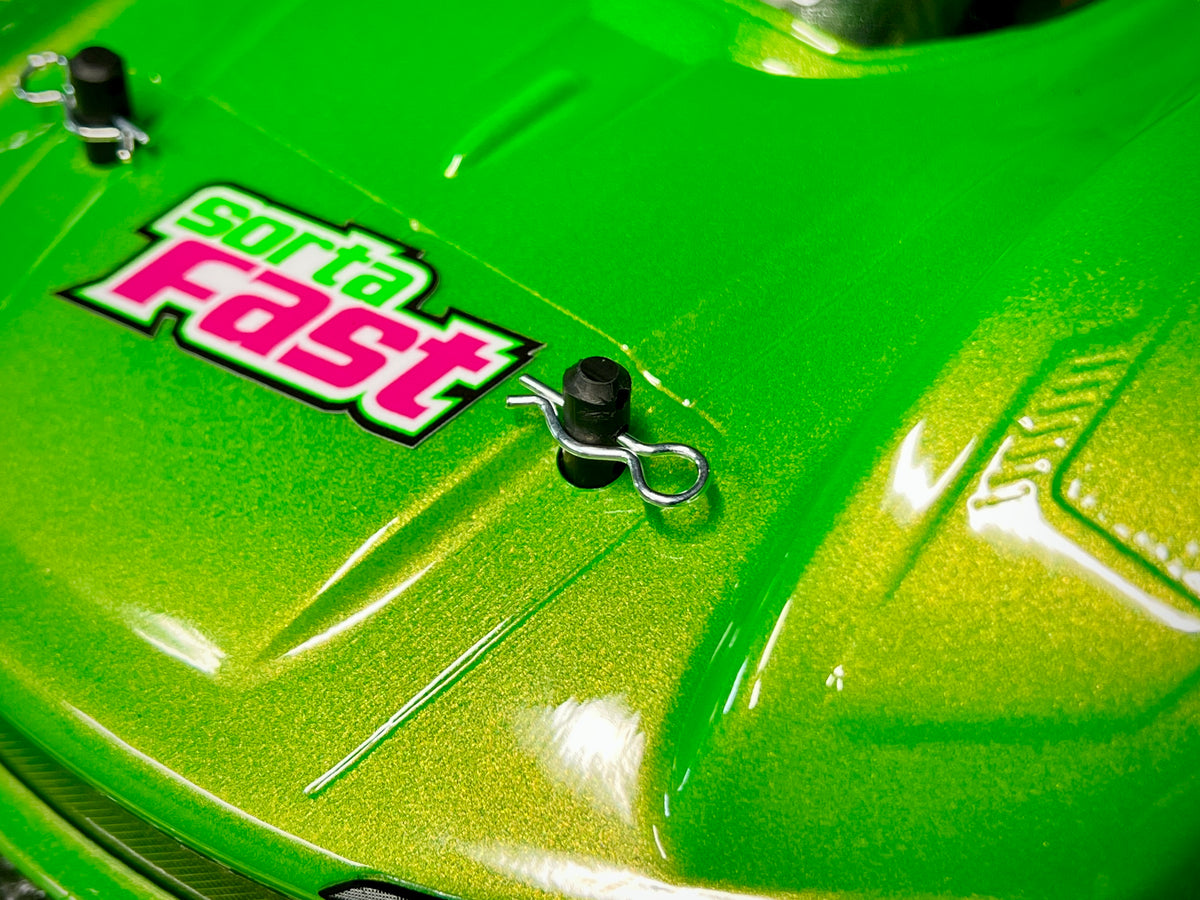 Close up of medium body clip installed on RC car
