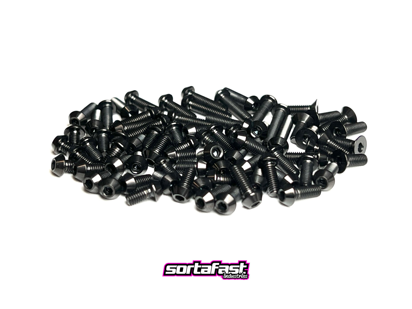 Sortafast Titanium Topside Screw Kit for Schumacher Mi9 – 77-piece stealth black titanium hardware set on white background.