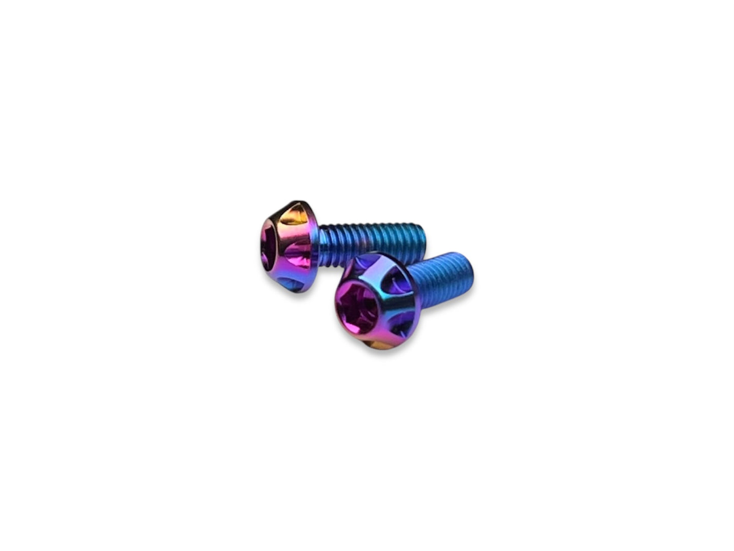 Sortafast Hexcix M3 titanium motor screws in Hyper Berry blue, purple, and gold anodized finish, 2-pack.