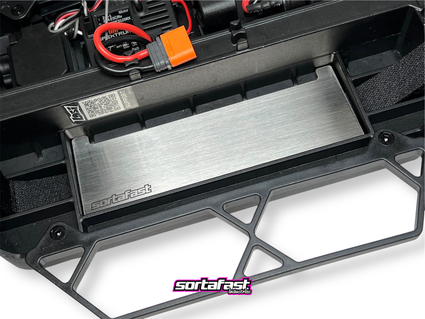 Sortafast stainless steel battery weight installed in a Losi NASCAR 1/12 RC chassis