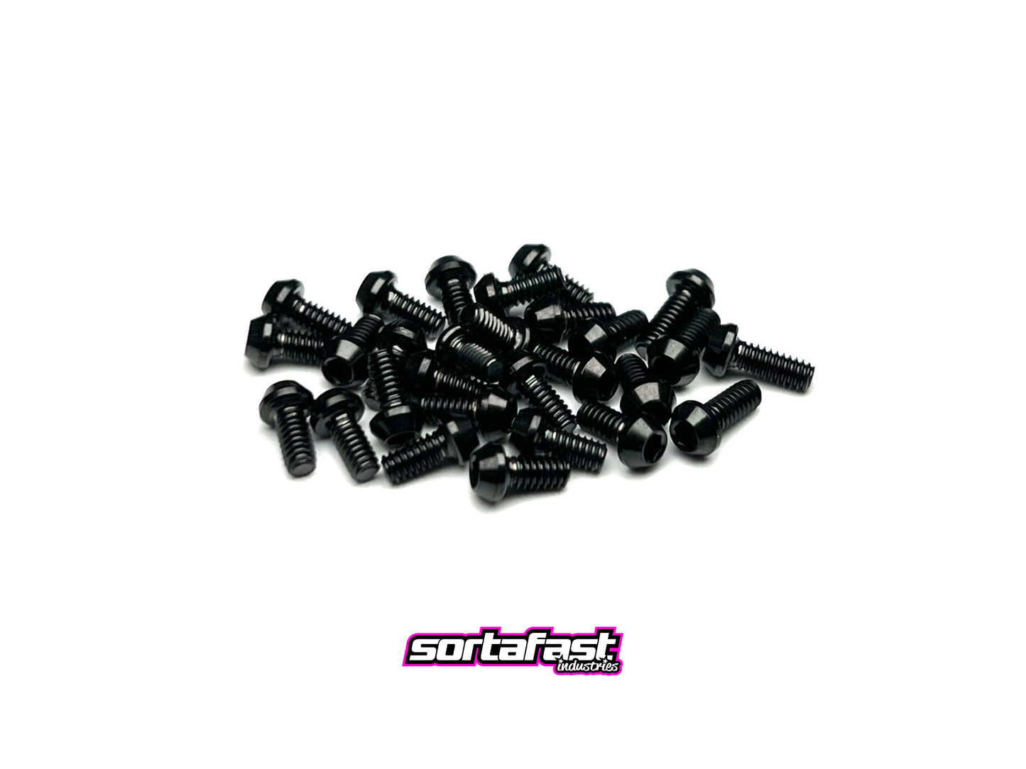 Stealth black titanium RC28 screw kit – 28-piece M2 button head set on white background