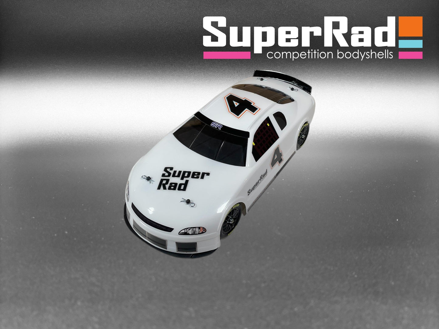 SuperRad SR-40 Stock car body for Losi NASCAR on gradient background with SuperRad logo