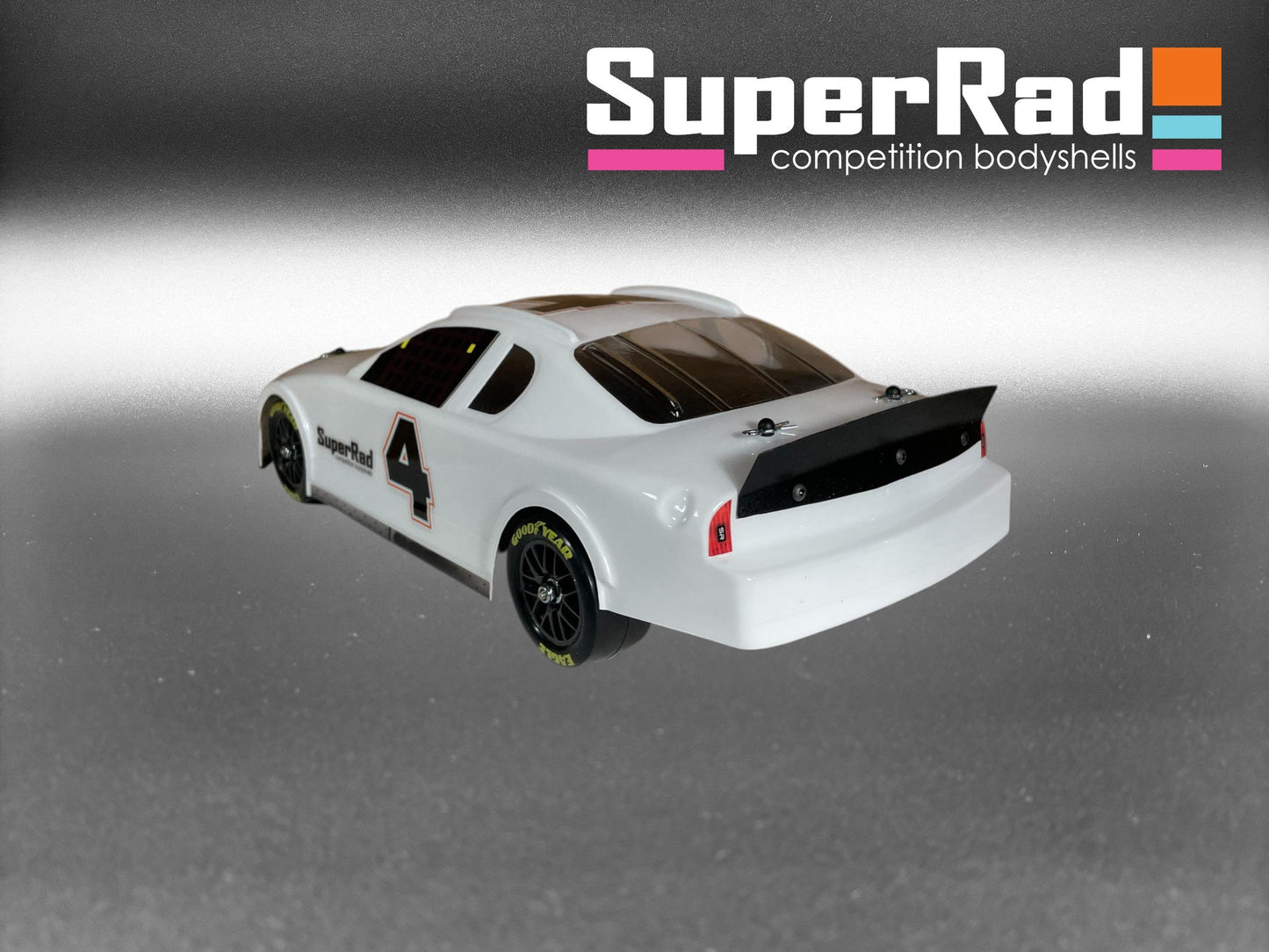 SuperRad SR-40 Stock car body for Losi NASCAR rear view on gradient background with SuperRad logo