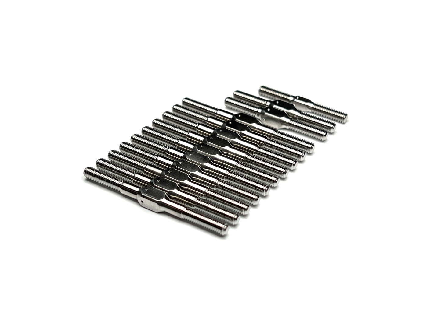 Close-up of Sortafast titanium turnbuckle kit with long upper “Hillbilly” links laid out on a white background