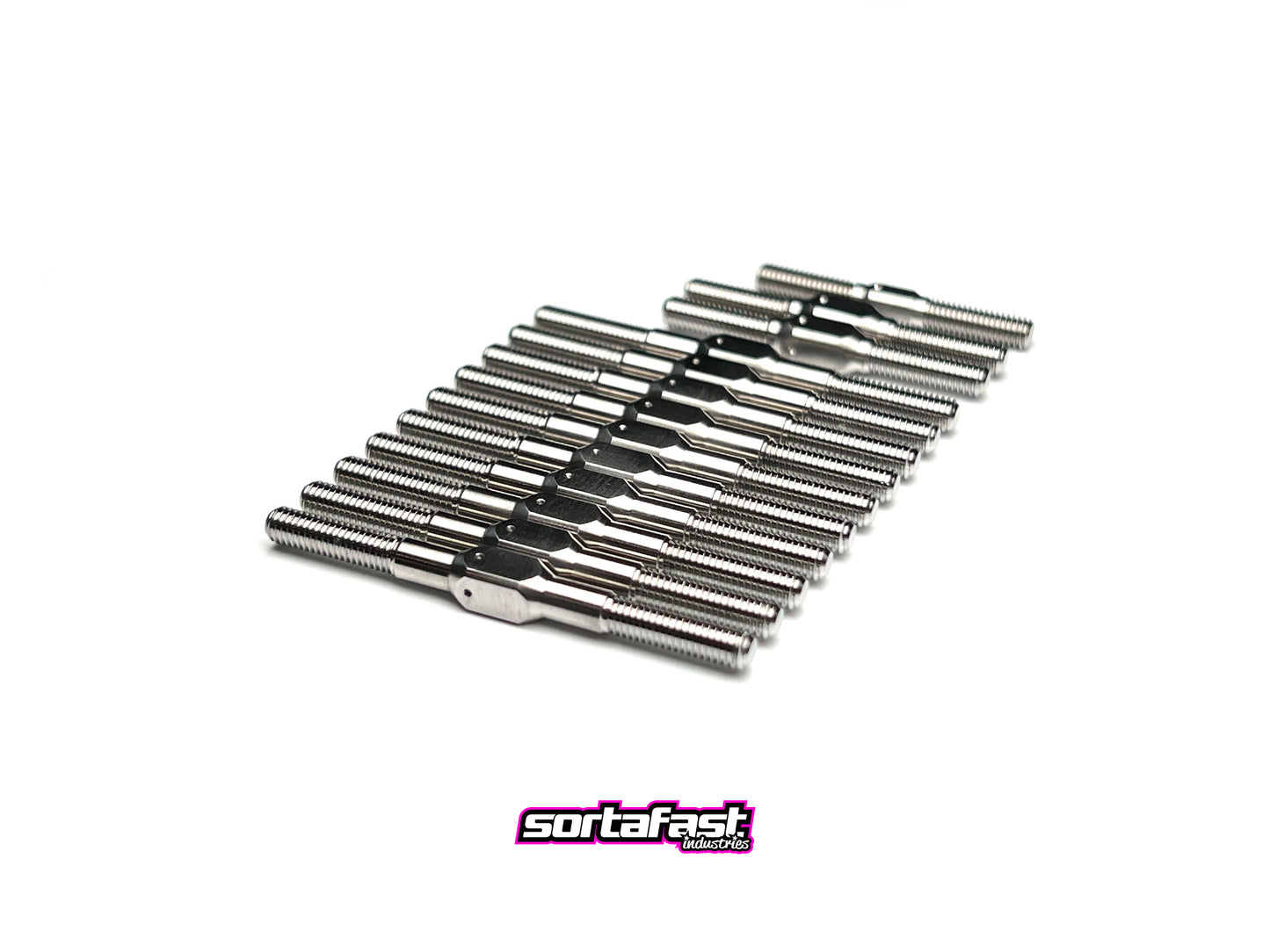 Close-up of Sortafast titanium turnbuckle kit with long upper “Hillbilly” links laid out on a white background with sortafast logo