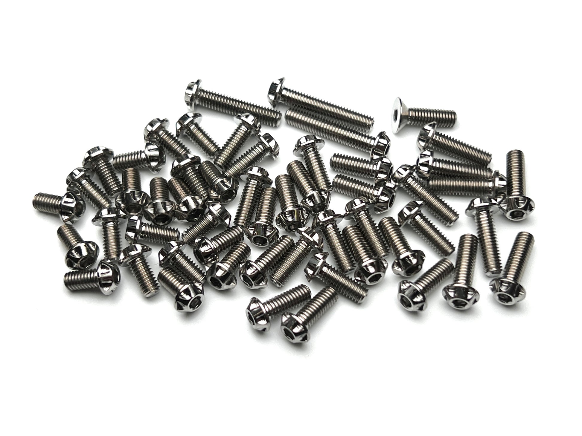 Sortafast Hexcix titanium topside screw kit for Team Associated TC8 – 53pc natural finish on white background