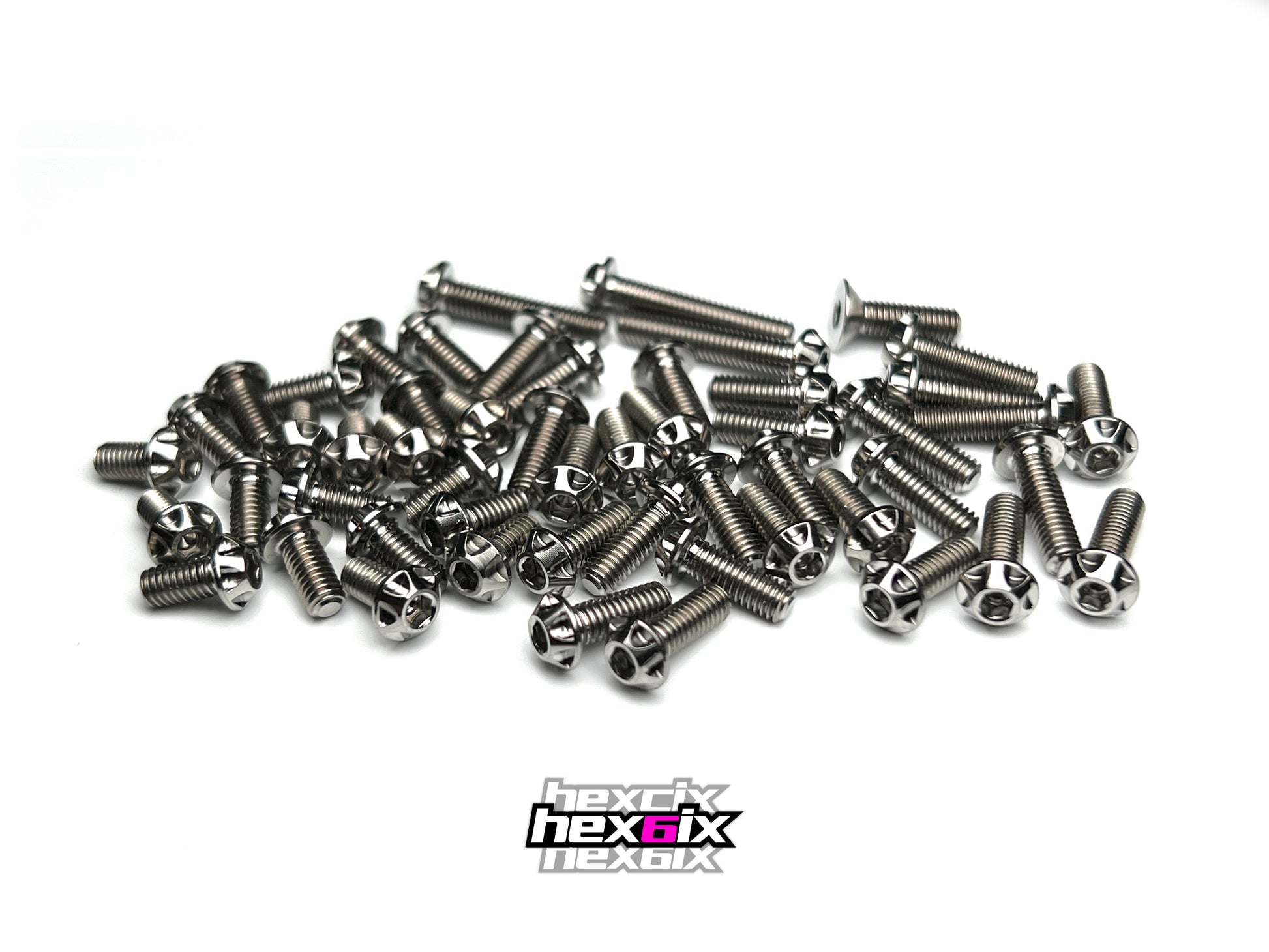Sortafast Hexcix titanium topside screw kit for Team Associated TC8 – 53pc natural finish on white background