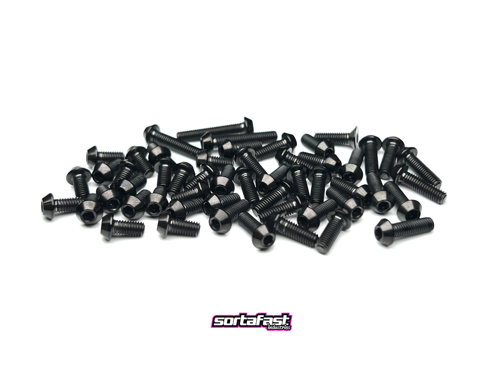 Sortafast Titanium Topside Screw Kit – 53-piece stealth black titanium button head and countersunk screws for Team Associated TC8.