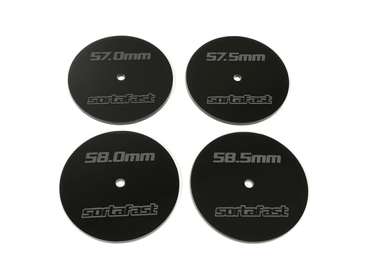 Sortafast Touring Car Glue Guides – 4 black acrylic templates in 57.0, 57.5, 58.0, and 58.5 mm sizes shown on a white background