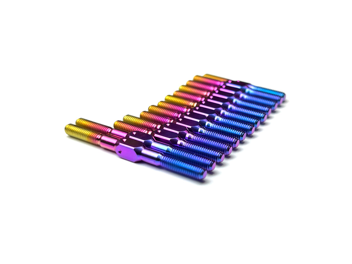 Sortafast titanium turnbuckles with upper links for the XRAY X4 touring car platform. 13pc set shown in muliti-color hyper berry anodized finish.
