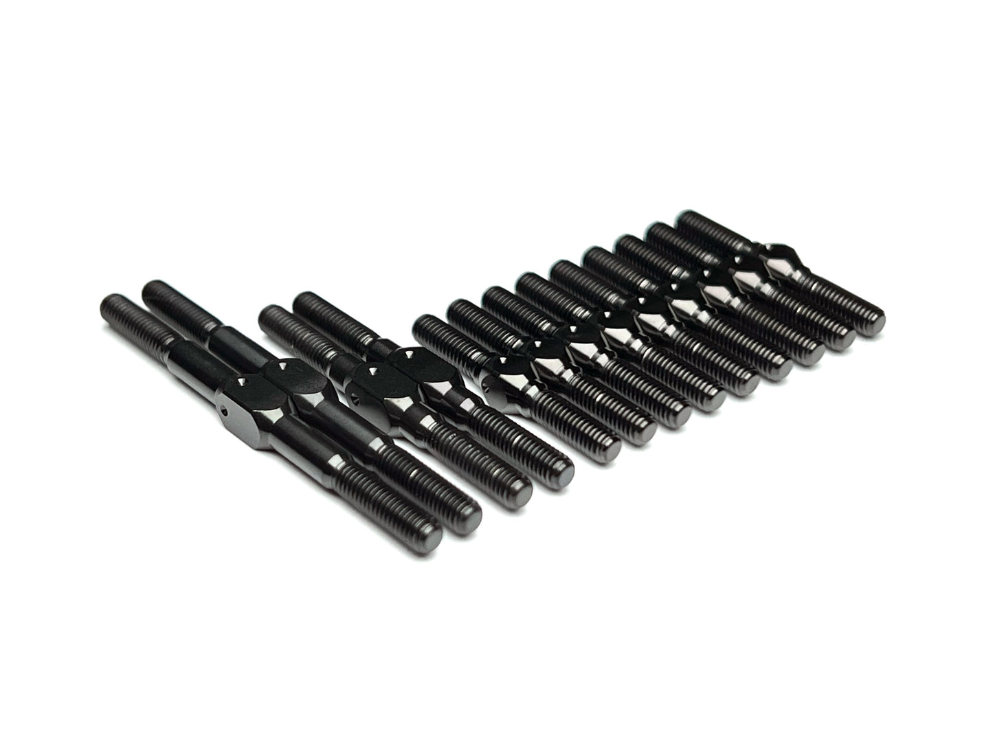 Sortafast Stealth Black titanium turnbuckle kit for Schumacher Mi9 and Mi8, 13-piece Grade 5 set with M3 threads and 4mm wrench flats.
