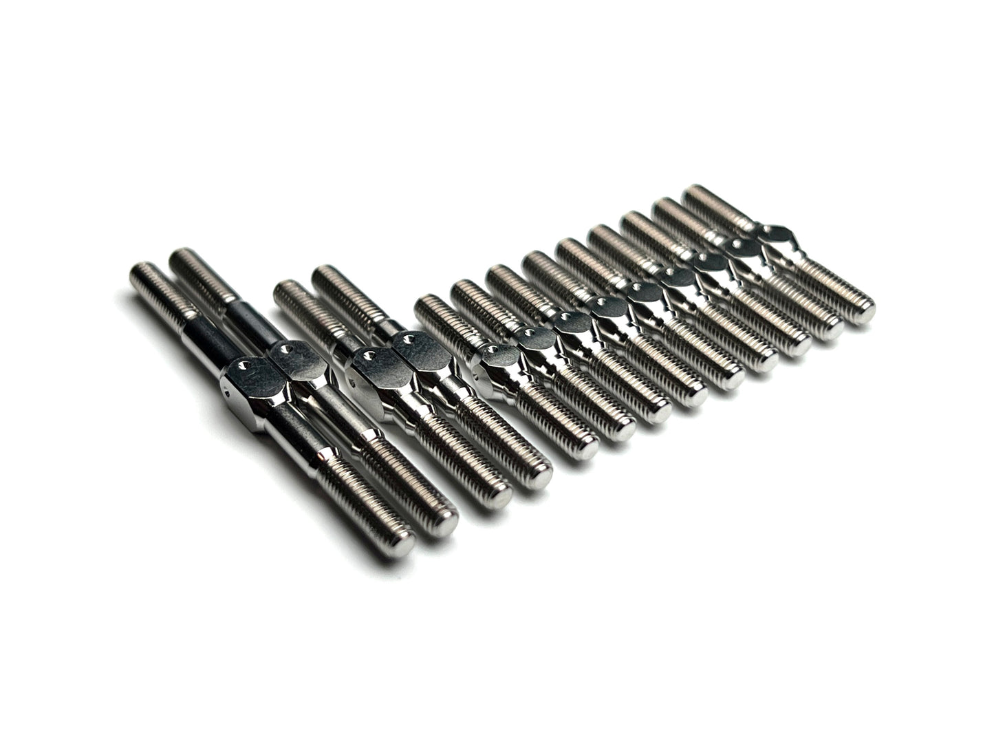 Sortafast titanium turnbuckle kit for Schumacher Mi9 and Mi8, 13-piece Grade 5 set with M3 threads and 4mm wrench flats.