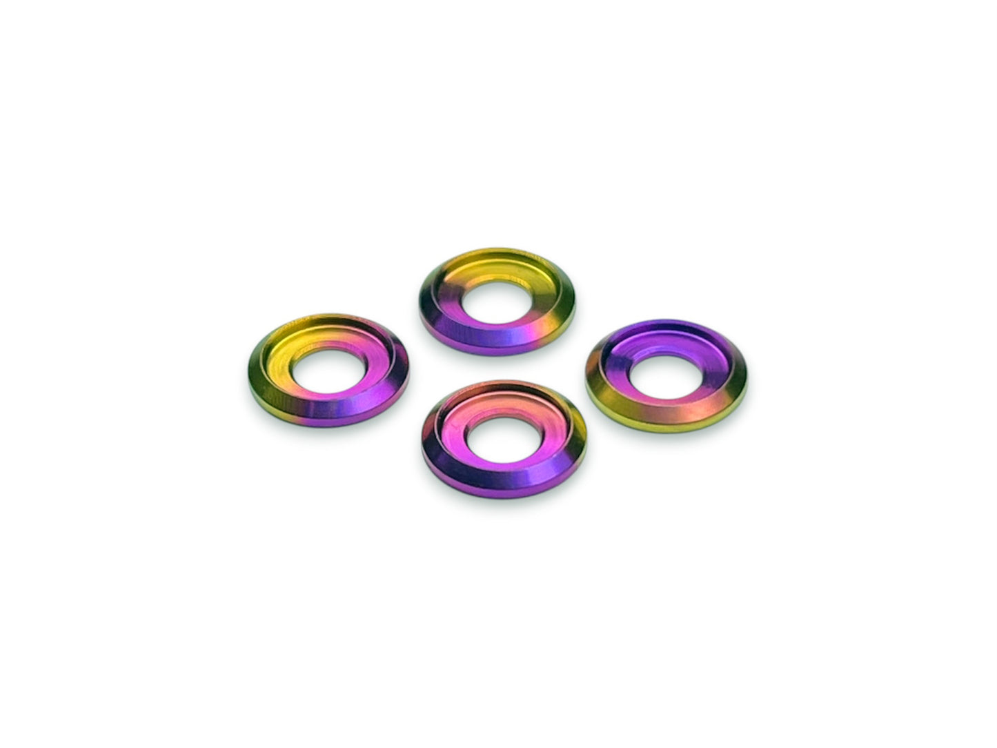 Sortafast M3 titanium button washers – Grade 5 precision washers anodized in a unique multi-color Hyper Berry finish.