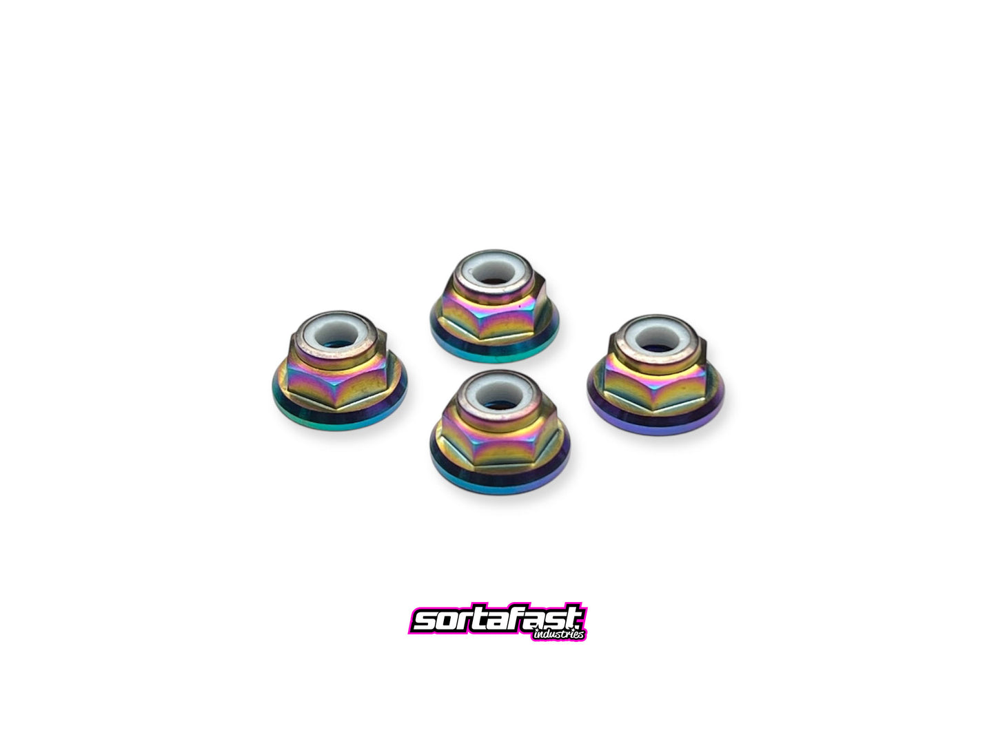 Sortafast M4 titanium flanged locknuts oil slick finish multi-color on white background